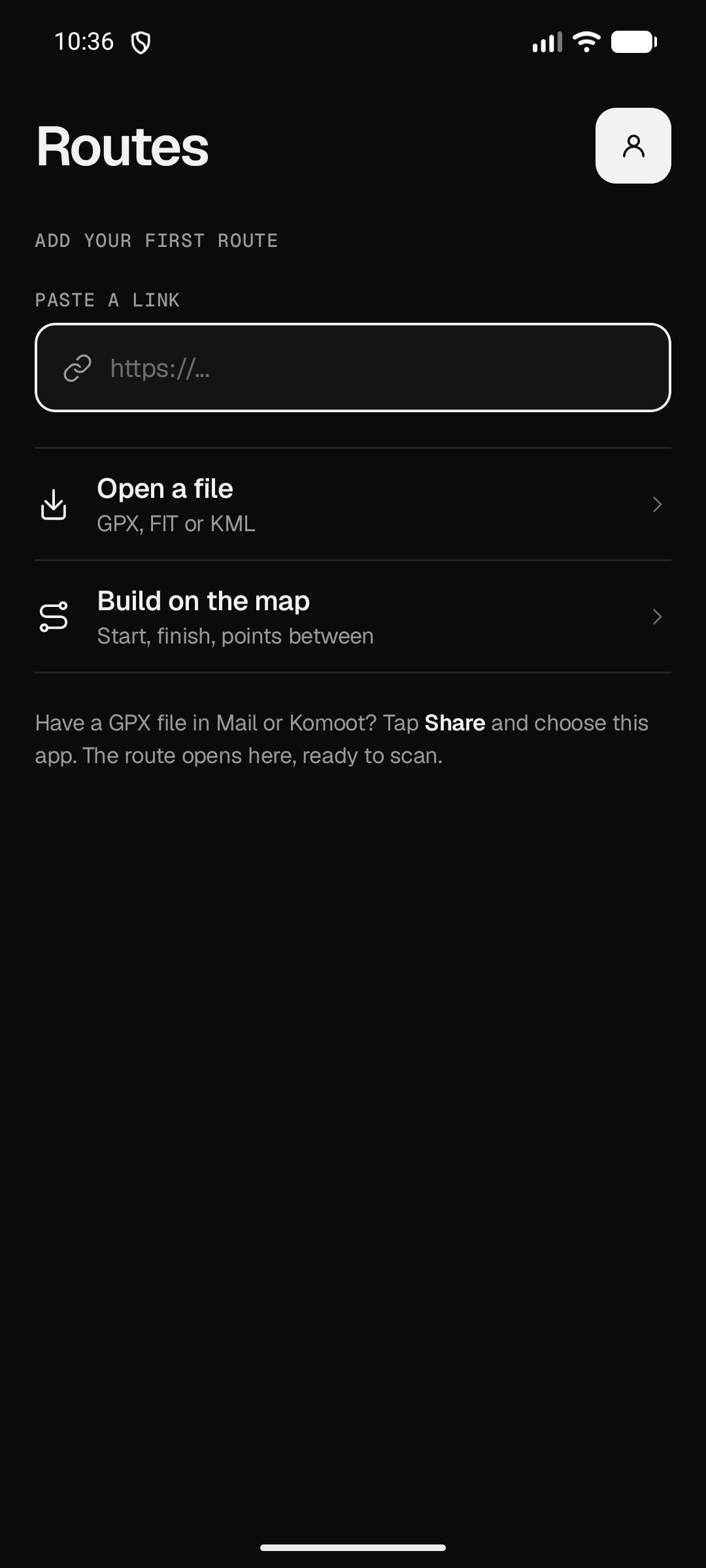 poi’s route import screen with options to open a GPX, FIT or KML file, or build on the map